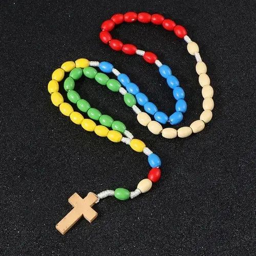 Jewelry Jesus Wooden Weave Colored Rosary Cross Pendant Necklace Size ONE SIZE - 2 Thumbnail