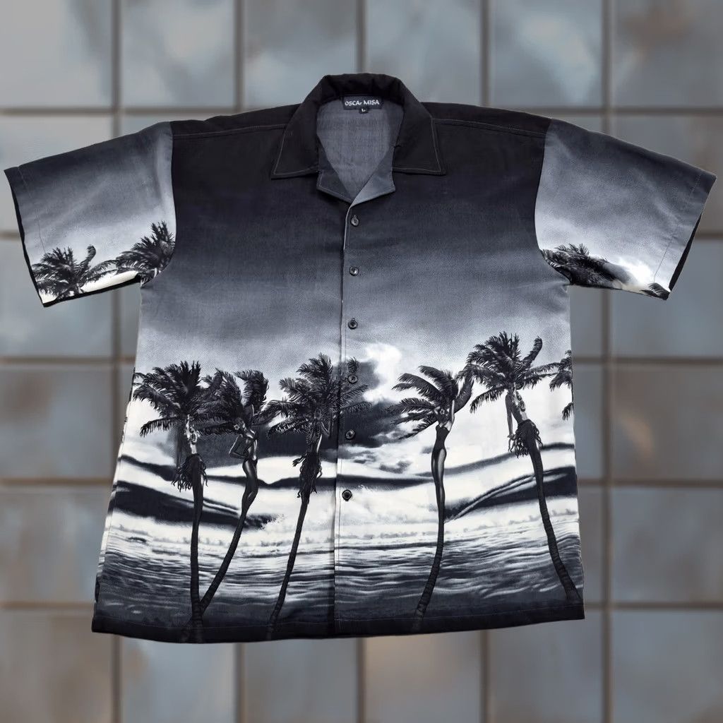 Vintage VTG OSCA MISA Button Up Shirt Mens Large Pink Palm Tree Hawaiian Short Sleeve Gray Black Graphic Print Casual Size US L / EU 52-54 / 3 - 1 Thumbnail