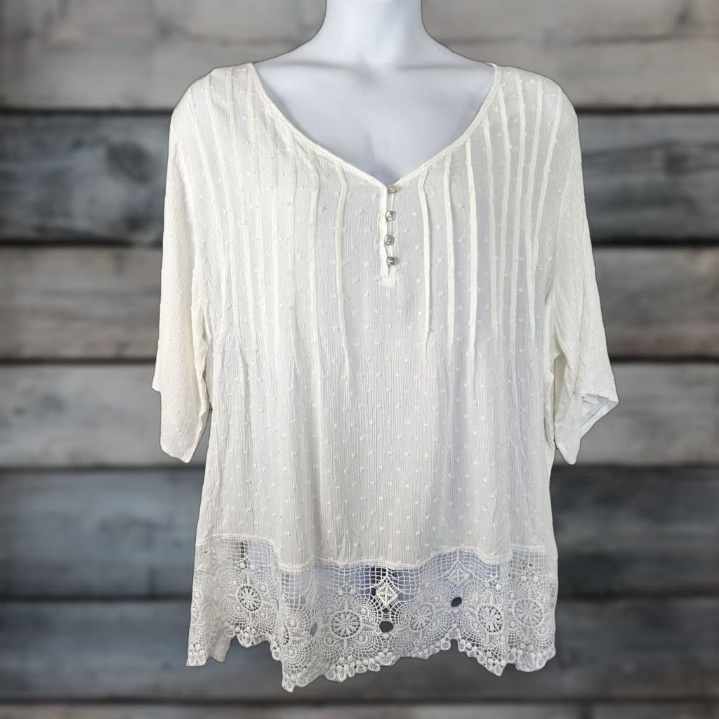 Vintage Liv Los Angeles Womens Top Sz 3X Cream Swiss Dot Crochet Hem 3/4 Sleeve Blouse Womens Size XXL / US 16-18 / IT 52-54 - 1 Thumbnail
