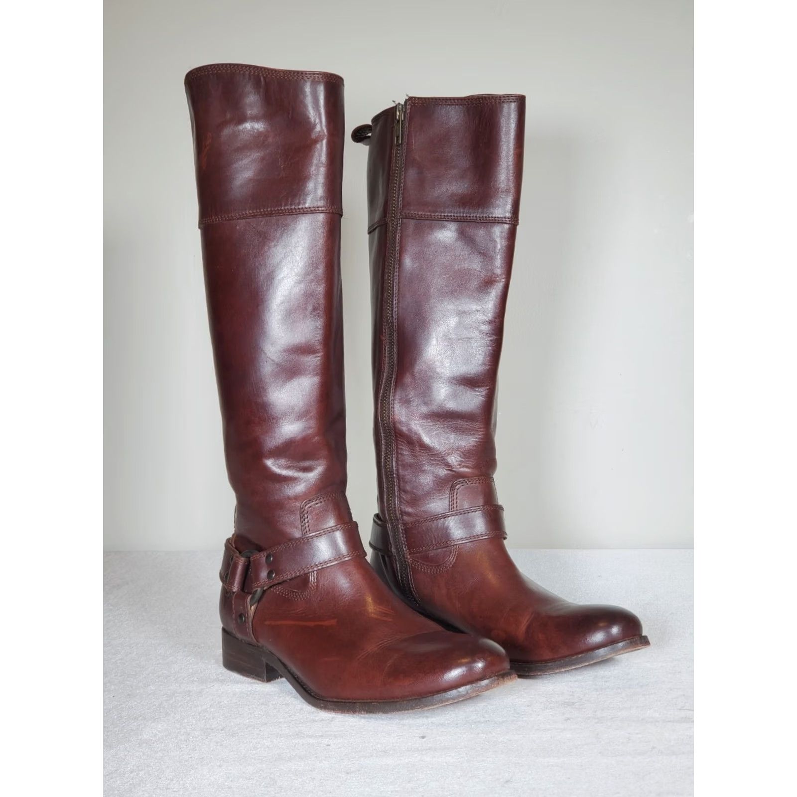 Frye FRYE Melissa Harness Tall Inside Zip Riding Boot Womens US 7 B Brown Leather Knee High Boot Size US 7 / IT 37 - 2 Thumbnail