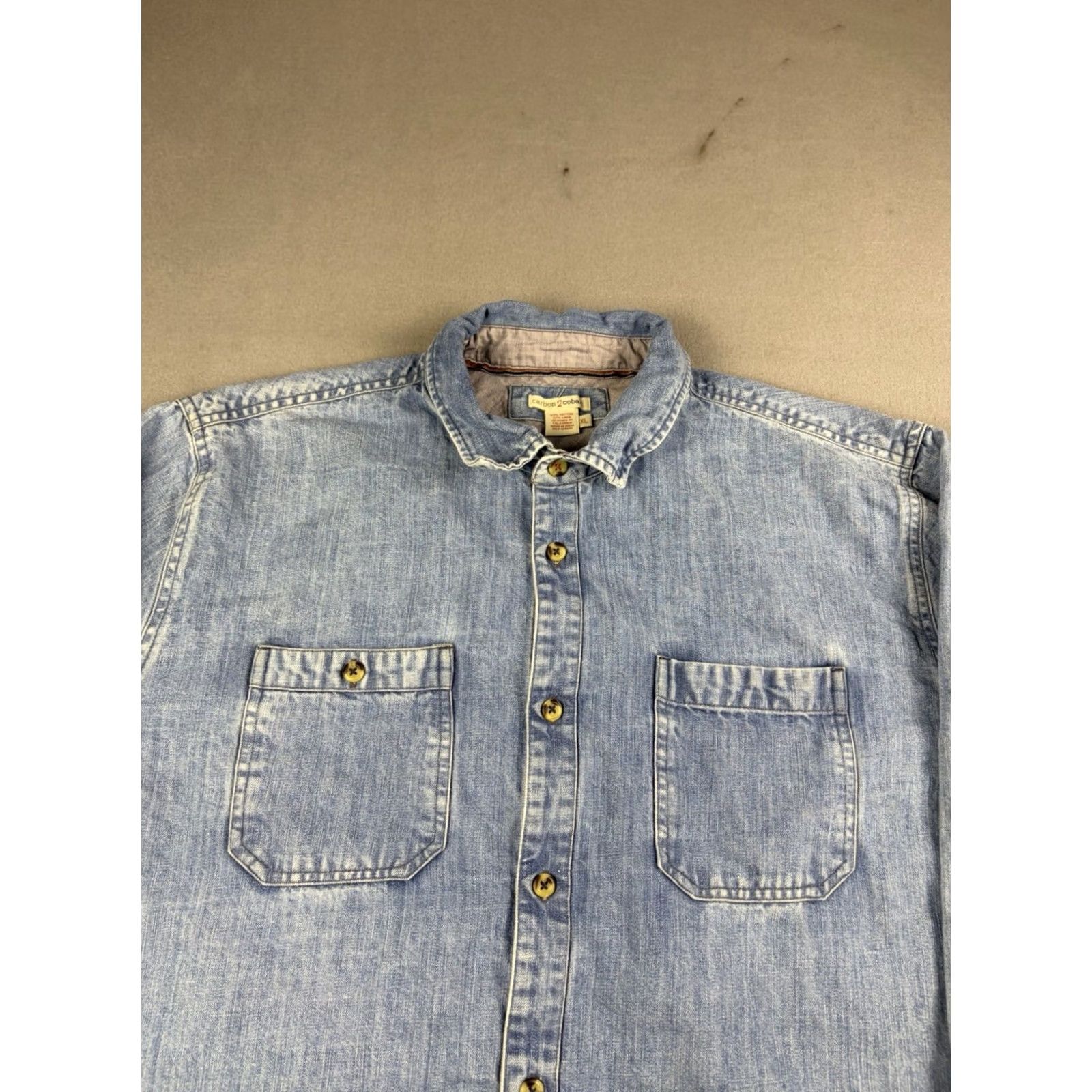 Carbon Carbon Shirt Mens XL Blue Chambray Denim Short Sleeve Button-Up Collar Spread Cotton Linen Size US XL / EU 56 / 4 - 2 Thumbnail