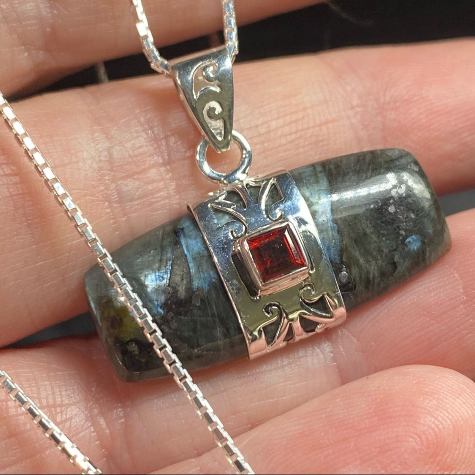The Unbranded Brand Larvikite Black Moonstone & Garnet Pendant Necklace Size ONE SIZE - 7 Thumbnail