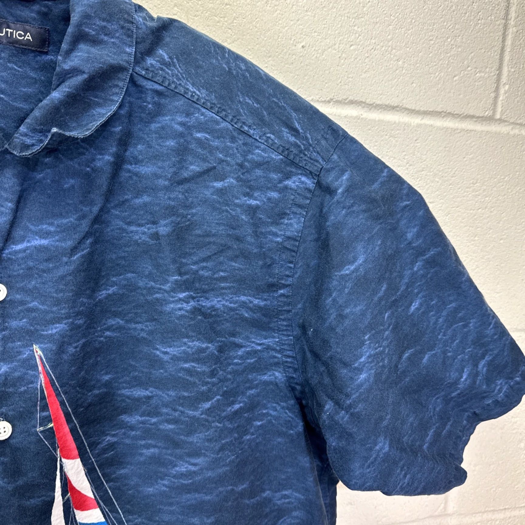 Nautica VINTAGE Nautica Shirt Mens Large Blue Button-Up Short Sleeve Sailboat Hong Kong 90s Beach Nautical Shirt Mens L Blue 90s Nautical Beach Mens Shirt Size US L / EU 52-54 / 3 - 6 Thumbnail