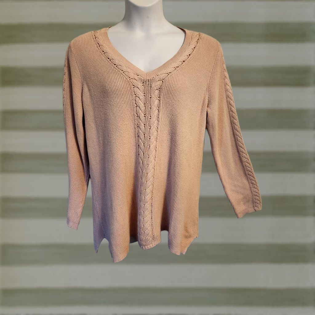 Avenue VINTAGE None Avenue Sweater Shirt Womens 2X Pink Cable-Knit Ribbed V-Neck Long Sleeve Pullover Casual Plus Size Size XXL / US 16-18 / IT 52-54 - 1 Thumbnail