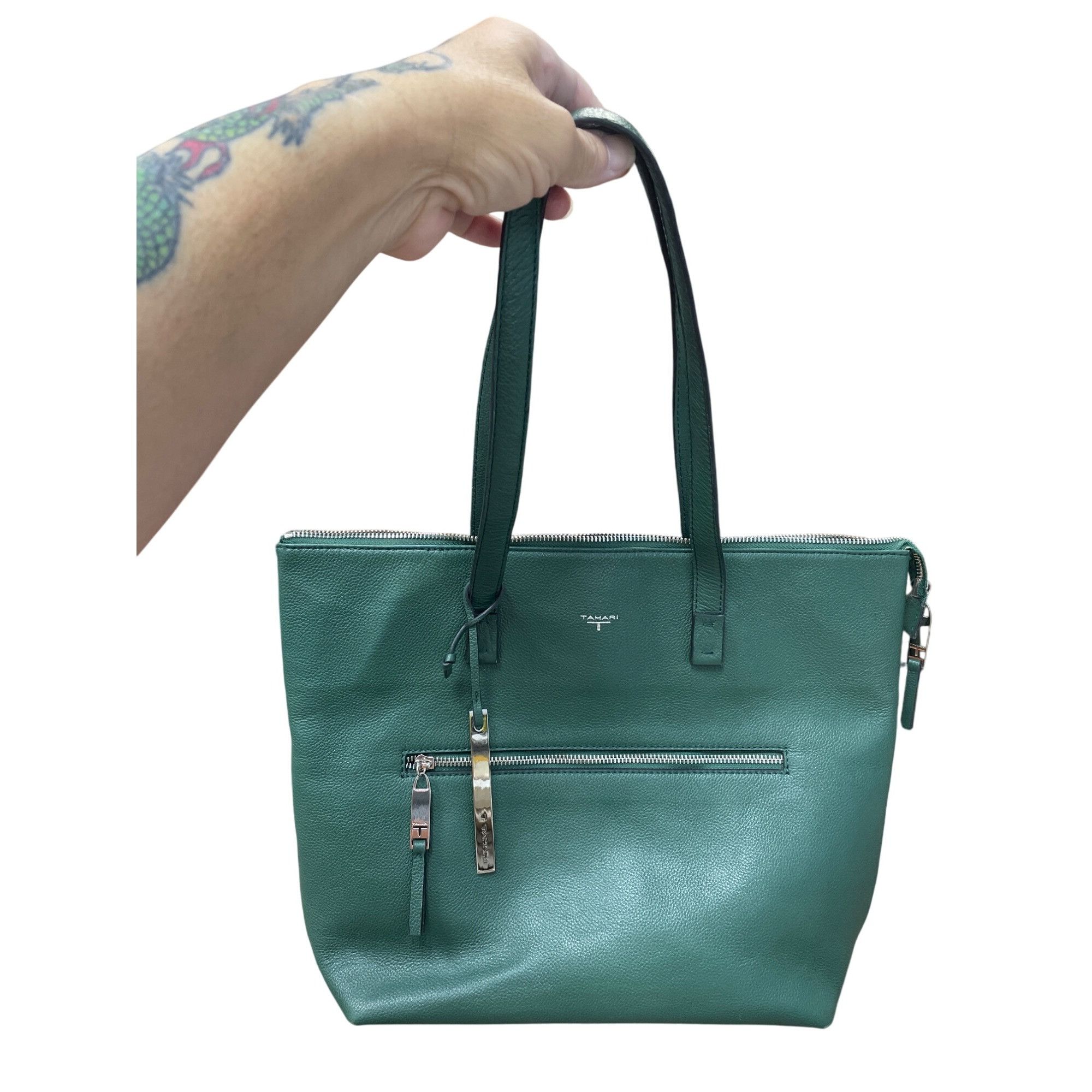 Other Tahari Womans Green Pebbled Leather Tote HandBag Silver Char Size ONE SIZE - 1 Thumbnail