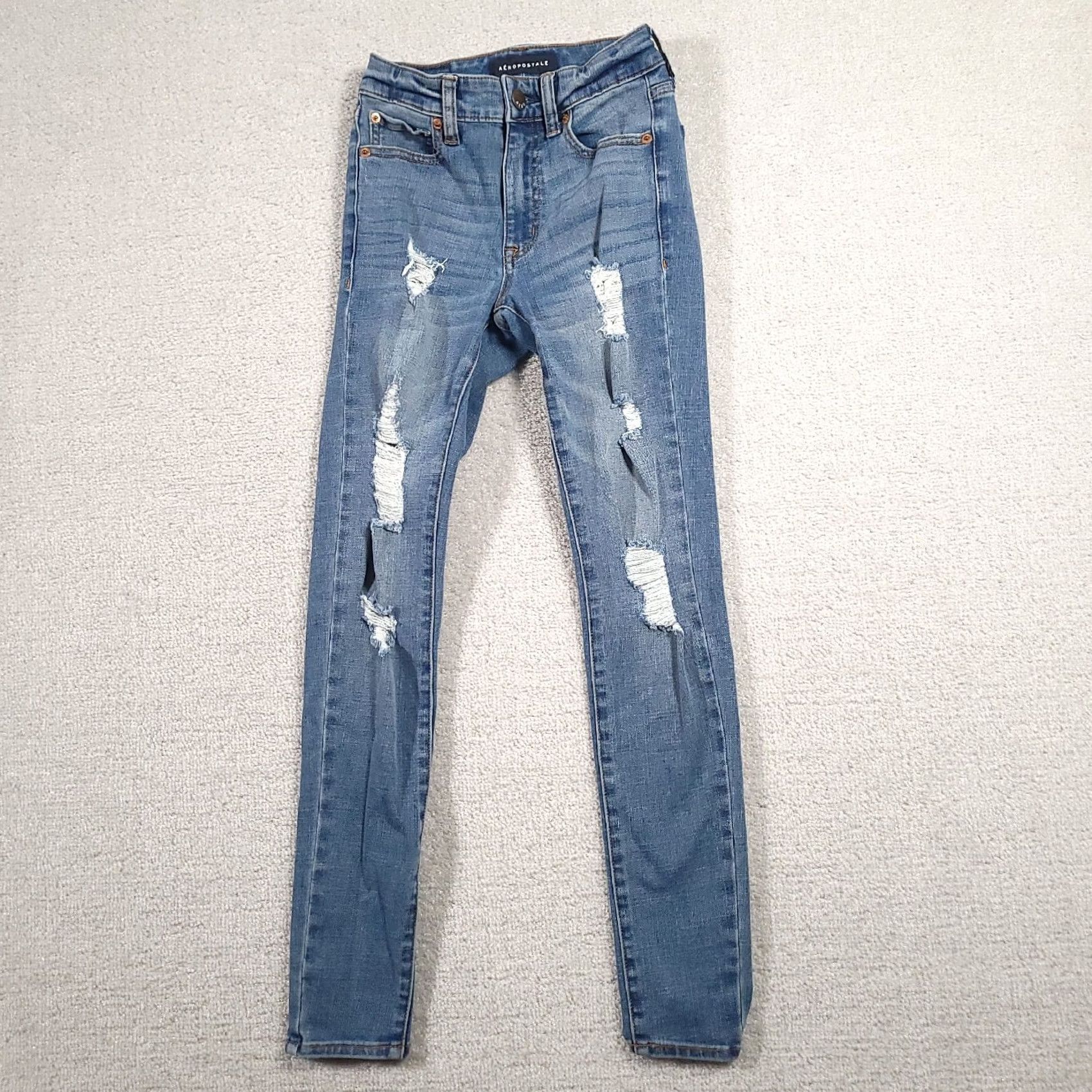 Vintage Aéropostale Jeans Womens 00 Short High Rise Skinny Jegging Distressed Stretch Denim Blue Leather? Size 24" / US 00 / IT 34 - 2 Thumbnail