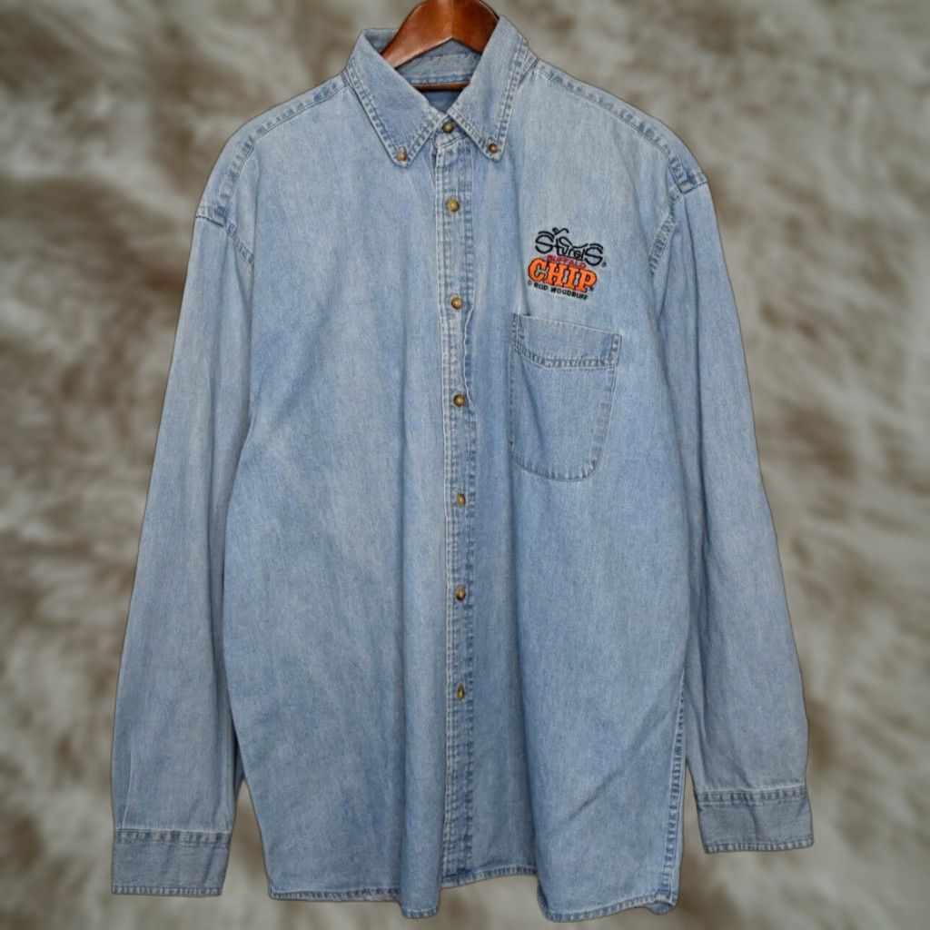 Denime VINTAGE Harriton Sturgis Buffalo Chip Embroidered Longhorn Denim Shirt Mens XL Long Sleeve Blue Cotton Button Down Collared Size US XL / EU 56 / 4 - 1 Thumbnail