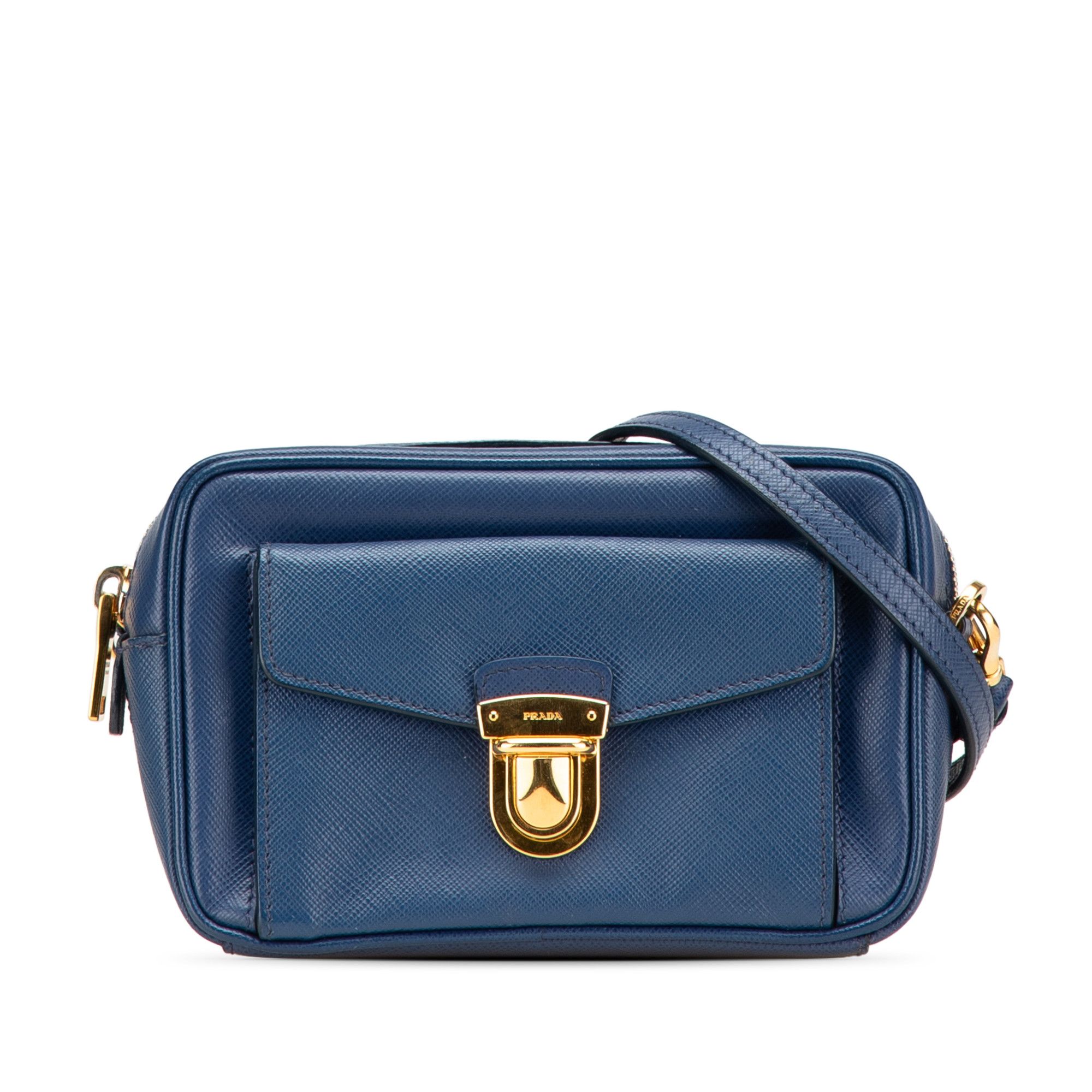 Prada Saffiano Push Lock Pocket Camera Bag in Blue, Women's