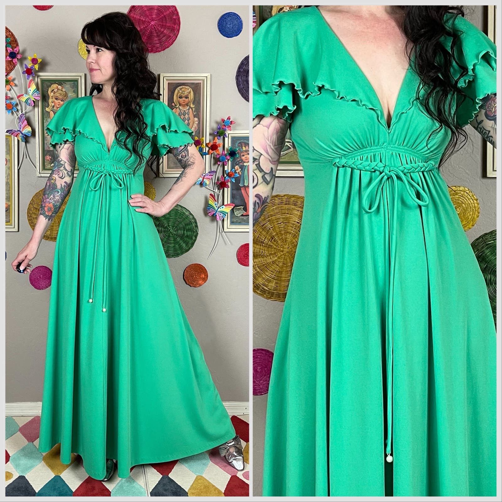 image of Vintage 1970S Green Flutter Sleeve A-Line Maxi Dress, Women's (Size Small)