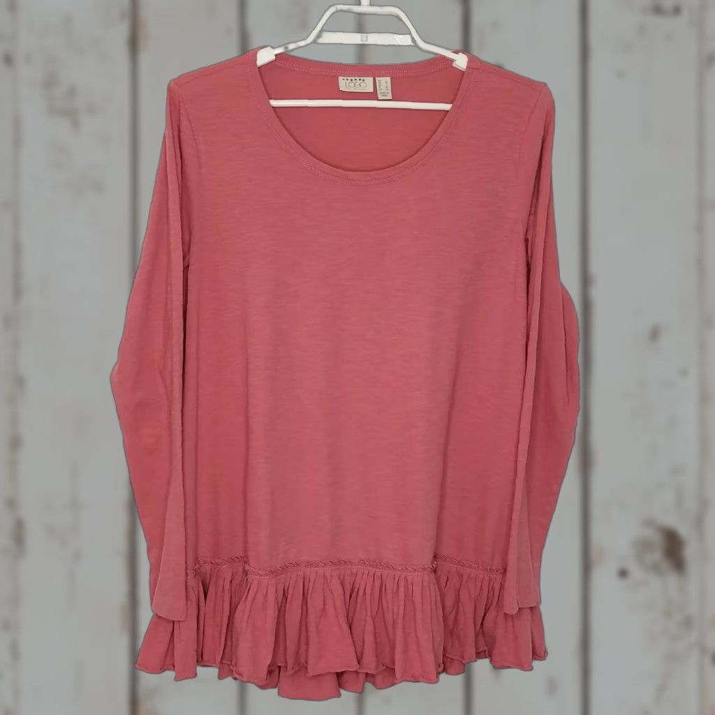 Vintage LOGO Lori Goldstein Slub Knit Pleated Hem Top Long Sleeve Round Neck Large Women Tunic 100% Cotton Pink High Low Not Vintage Size L / US 10 / IT 46 - 1 Thumbnail