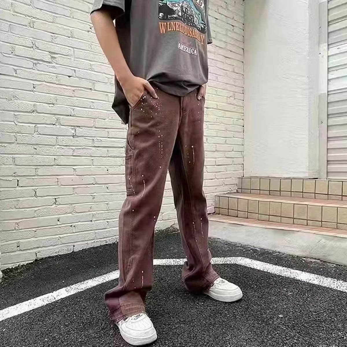 image of Splashing Ink Wideleg Denim Flared Pants in Brown, Men's (Size 32)