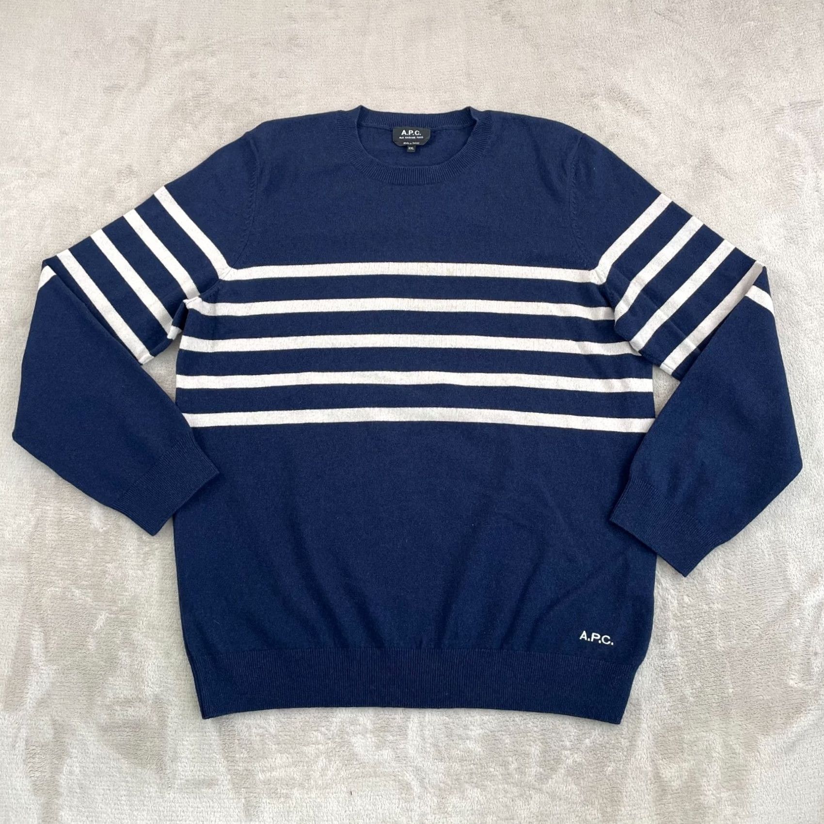 A.P.C. A.P.C. Maceo Stripe Knit Sweater Men 2XL Navy Cashmere Cotton Blend Designer Pullover Crew Neck Long Sleeve Casual Winter Fall Spring Womens? Mens Size US XXL / EU 58 / 5 - 6 Thumbnail