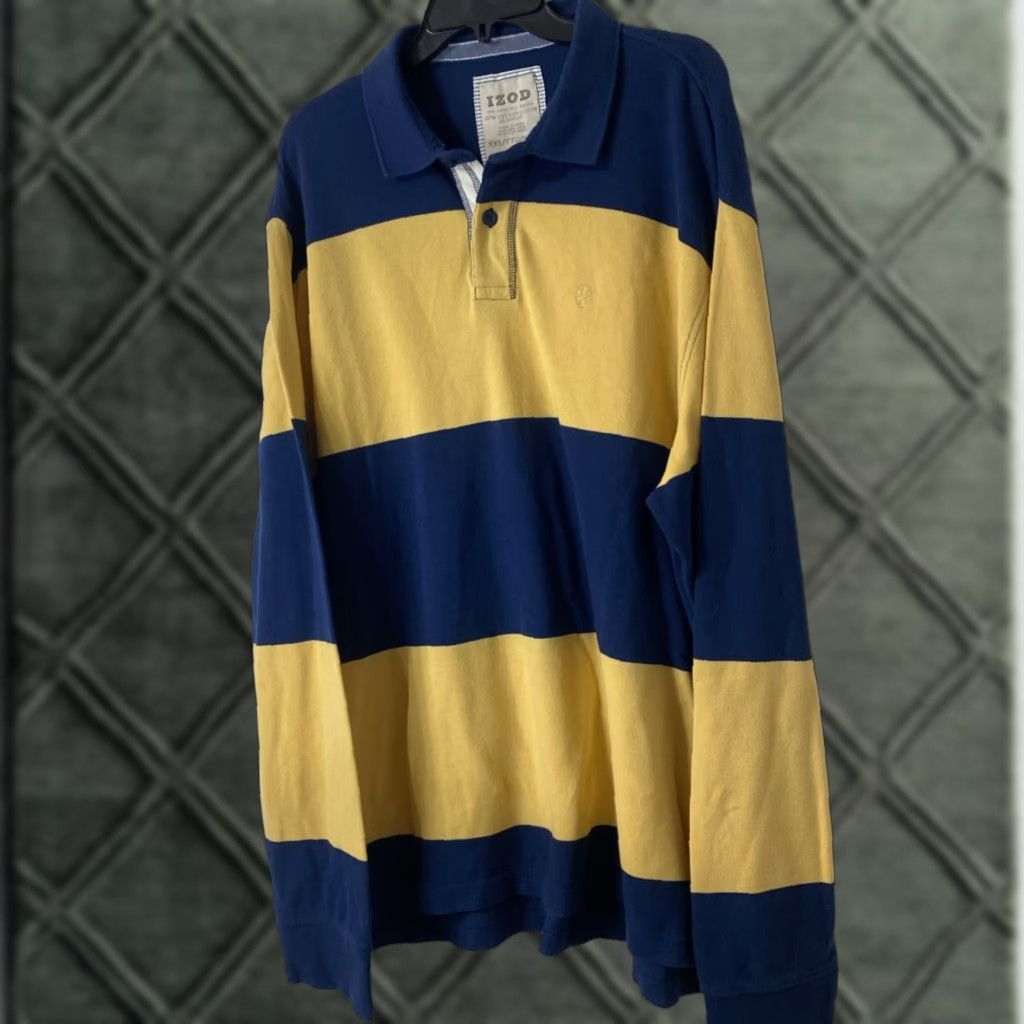 VINTAGE Izod Rugby Long Sleeve Shirt Mens 2XL Blue Yellow Stripes 90s Y2K