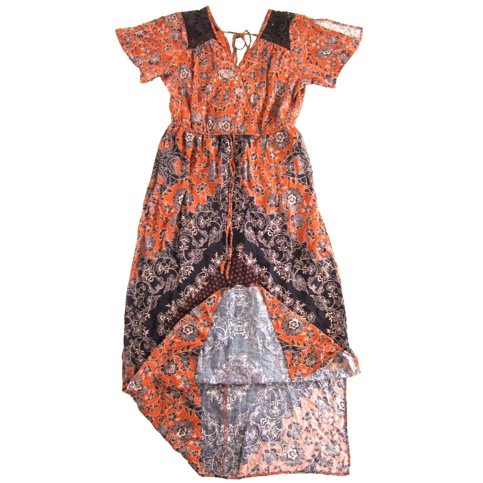 Vintage Maurices Rayon Orange Floral V-Neck Short Sleeve Empire Waist Long Maxi Dress L Size 36" / US 14 / IT 50 - 5 Thumbnail