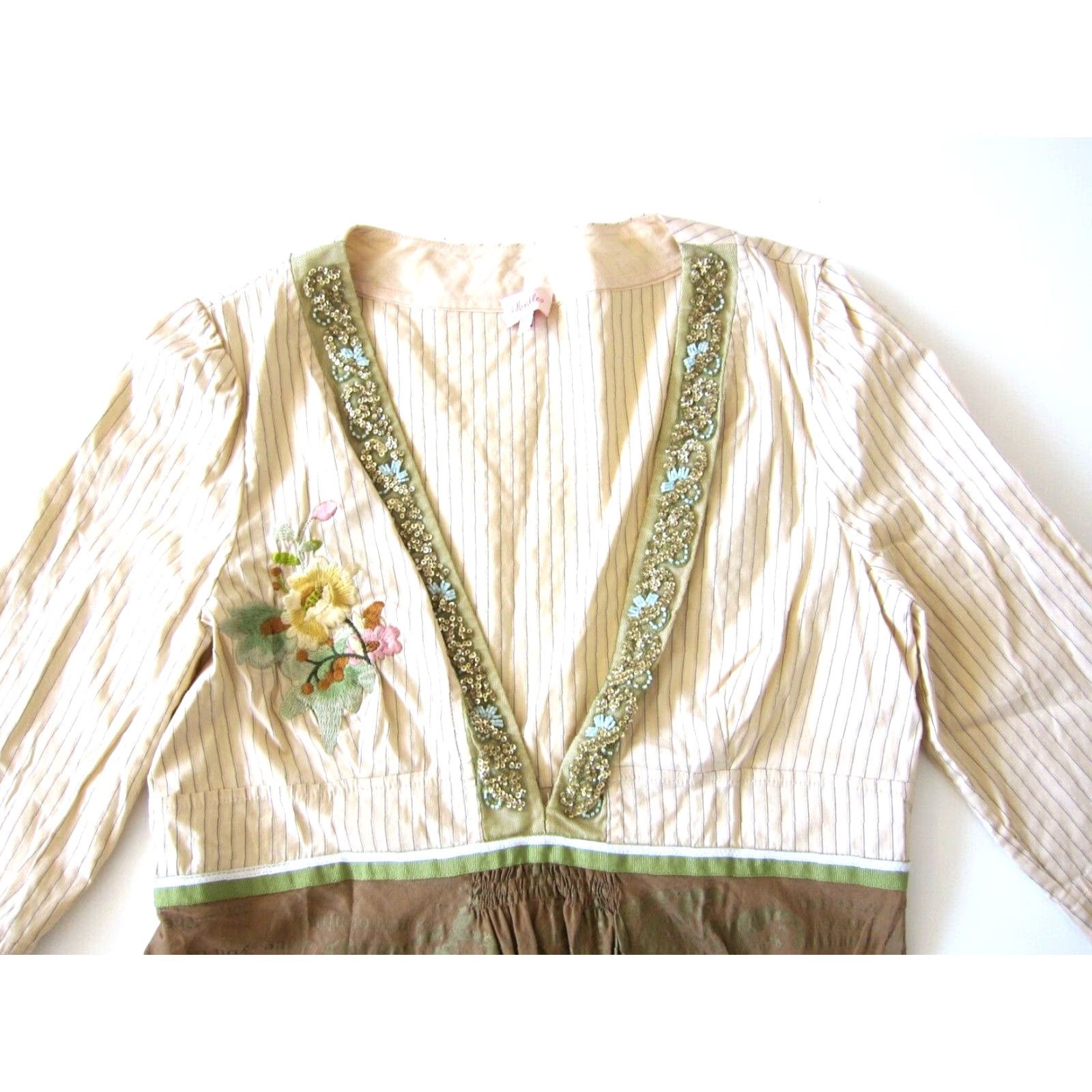 Whistles Whistles Blouse 100% Cotton Brown Green Floral Beaded V-Neck 3/4 Sleeve 12 Vintage Womens Shirt Size XL / US 12-14 / IT 48-50 - 3 Thumbnail