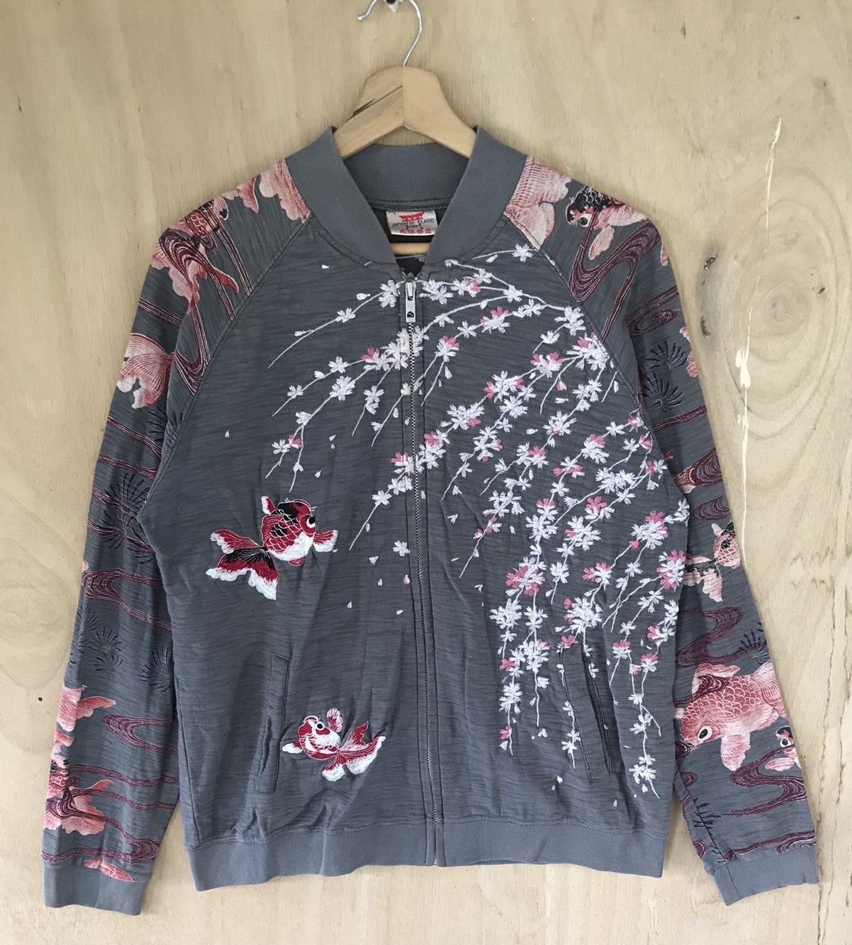 image of Japanese Classic Script Koi Fish Element Sweaters in Grey, Men's (Size Medium)