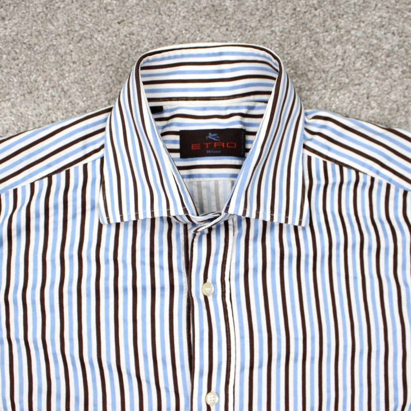 Etro ETRO Dress Shirt Mens 39 Blue/Brown Striped 100% Cotton Long Sleeve Button Up Shirt Size 40R - 6 Thumbnail
