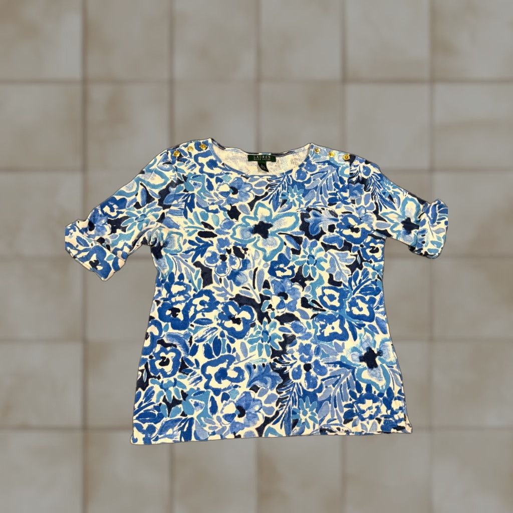 Ralph Lauren Lauren Ralph Lauren Blouse Womens L Blue Floral 3/4 Sleeve Lightweight Knit Cotton Shirt Regular Fit Womens Size L / US 10 / IT 46 - 1 Thumbnail