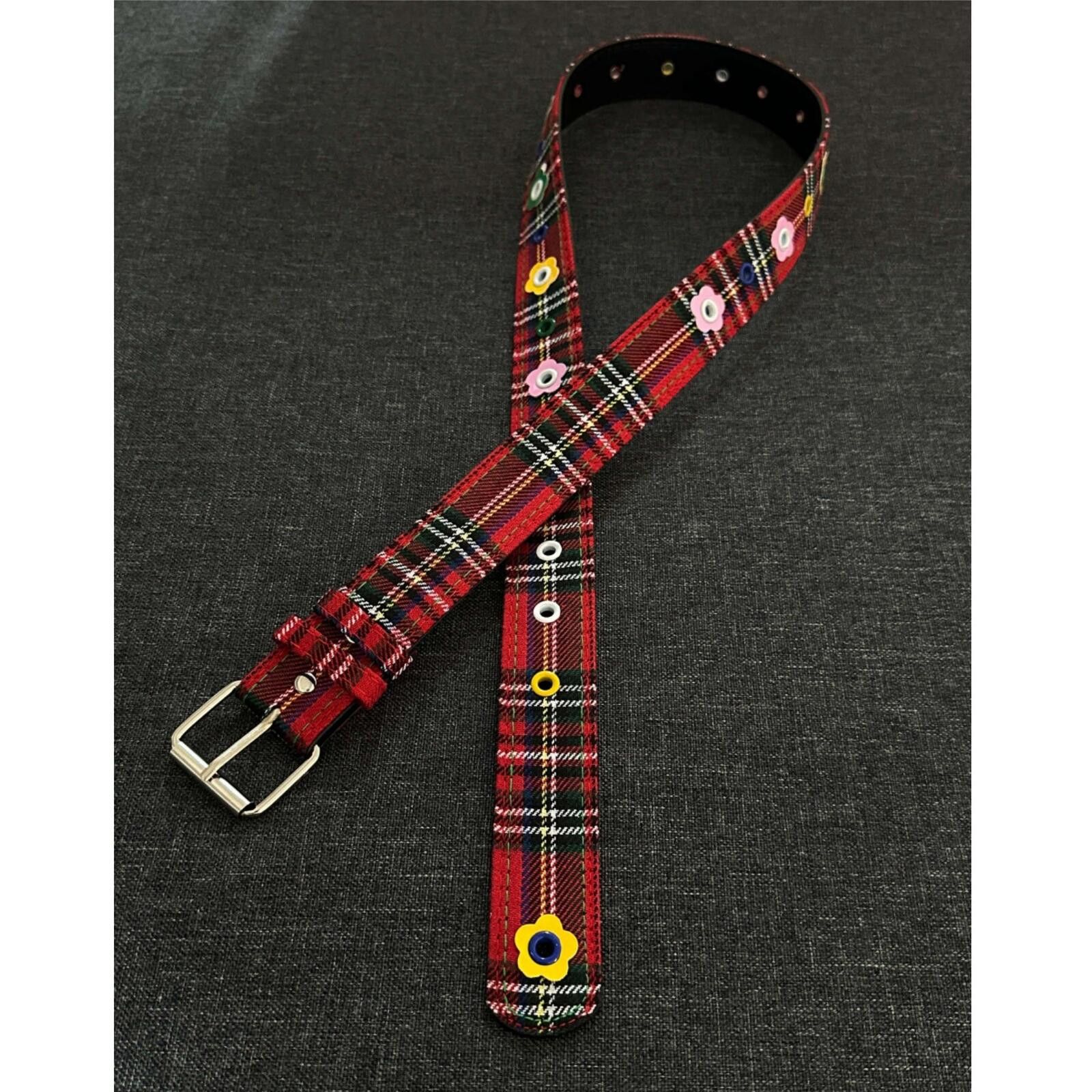 Other Scottish Plaid Floral Rivet Belt | Red Y2K Street Size ONE SIZE - 2 Thumbnail