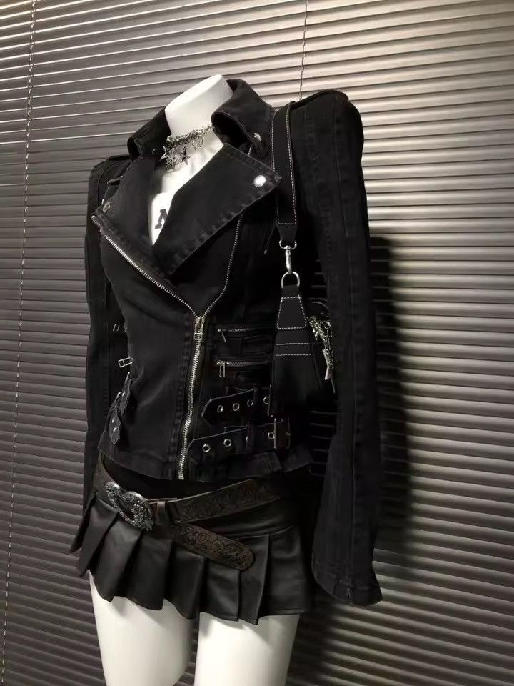 Other Washed Punk Gothic Motorcycle Denim Jacket Y2k Size M / US 6-8 / IT 42-44 - 4 Thumbnail