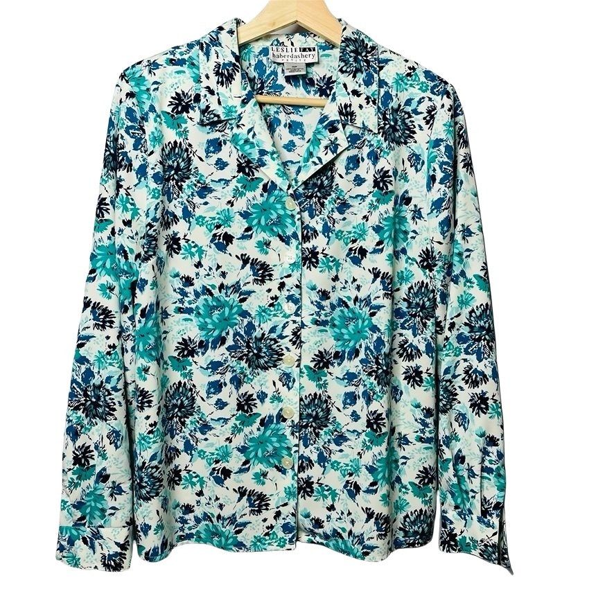 Other Vintage Womens Floral Dress Blouse Leslie Fay Blue White Top Size L / US 10 / IT 46 - 1 Thumbnail