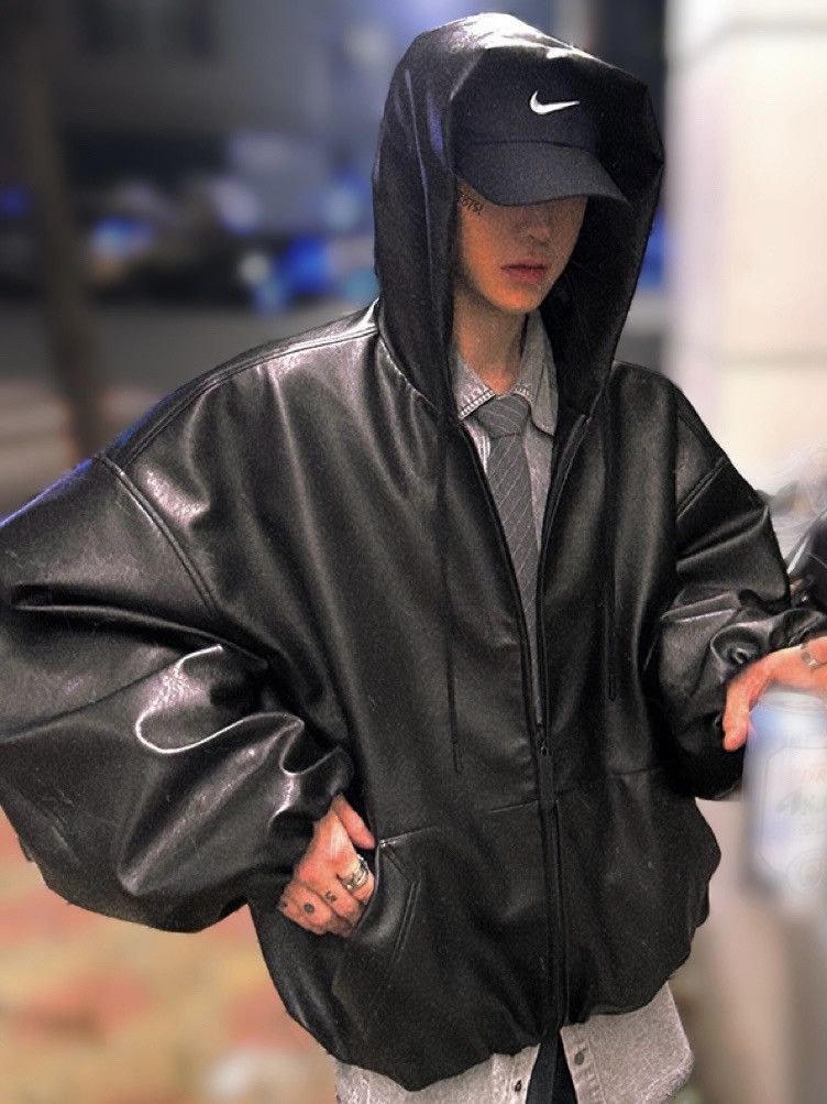Japanese Brand × Vintage Avant garde oversized chunky pu leather hooded zip jacket Size US XL / EU 56 / 4 - 1 Thumbnail