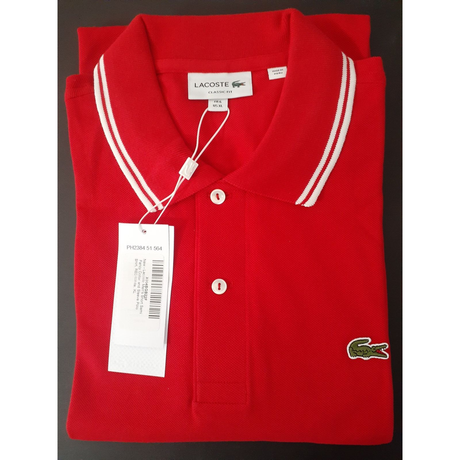 Lacoste Lacoste Men's Short Semi Fancy Collar and Sleeve Polo Red XL Size US XL / EU 56 / 4 - 2 Thumbnail