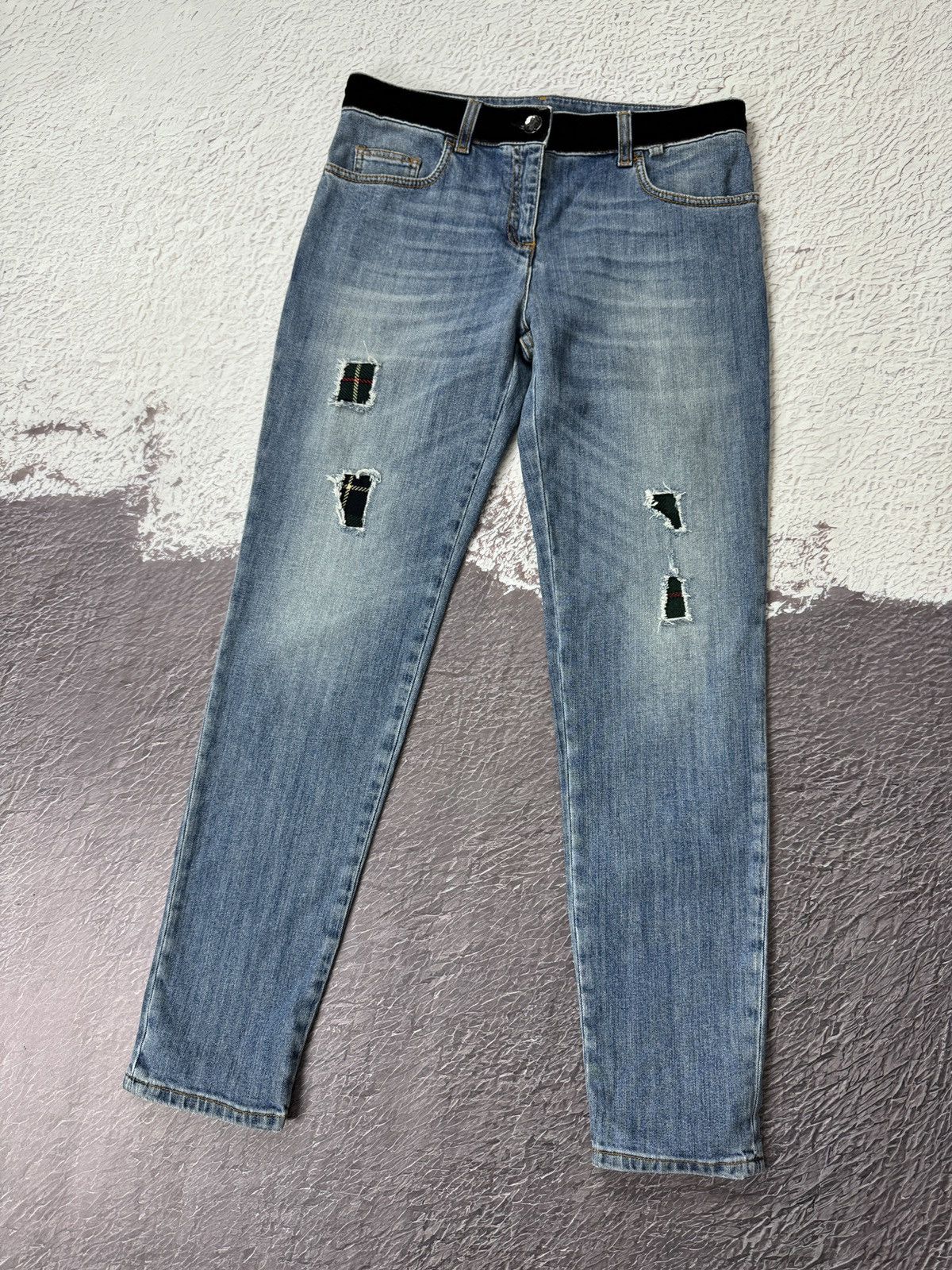 Boutique Moschino × Moschino Boutique Moschino blue distressed embroidery diamond jeans Size 30" / US 8 / IT 44 - 1 Thumbnail