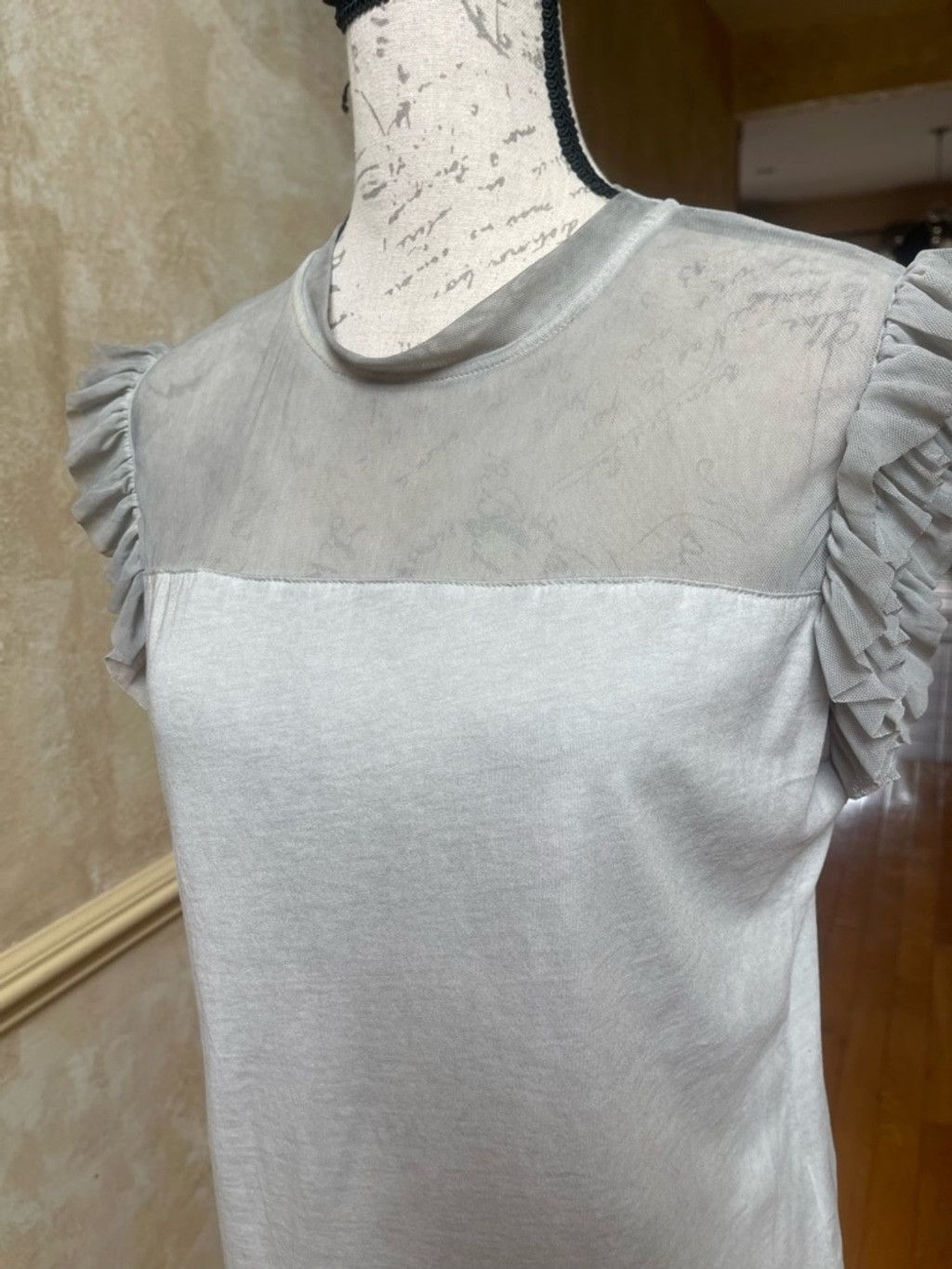Other Trame Italy Grey Mesh Ruffle Sleeve Top Cotton Mixed Media M Size M / US 6-8 / IT 42-44 - 3 Thumbnail