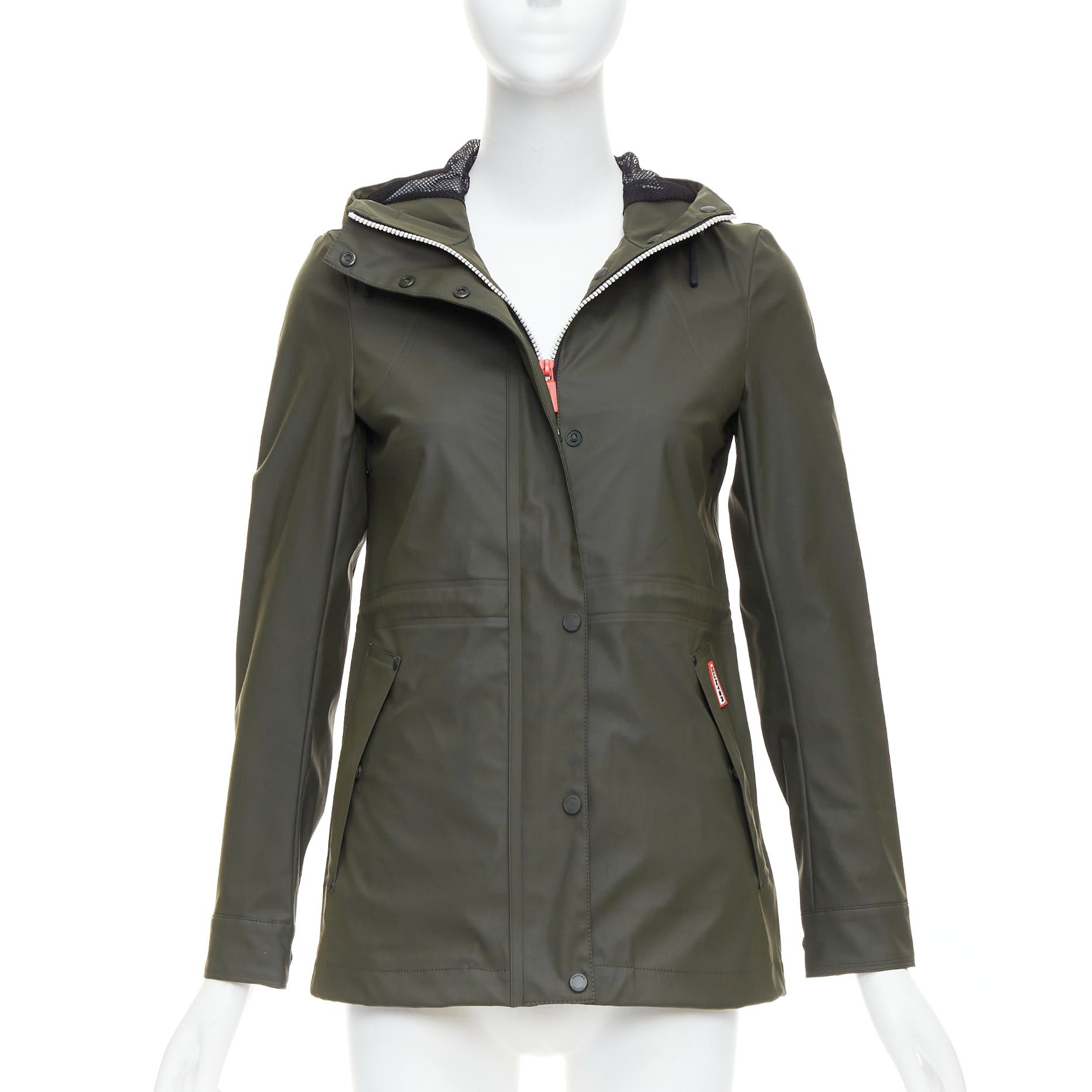 Hunter HUNTER Original dark olive green rubberized white zip rain jacket XXS Size XS / US 0-2 / IT 36-38 - 1 Thumbnail
