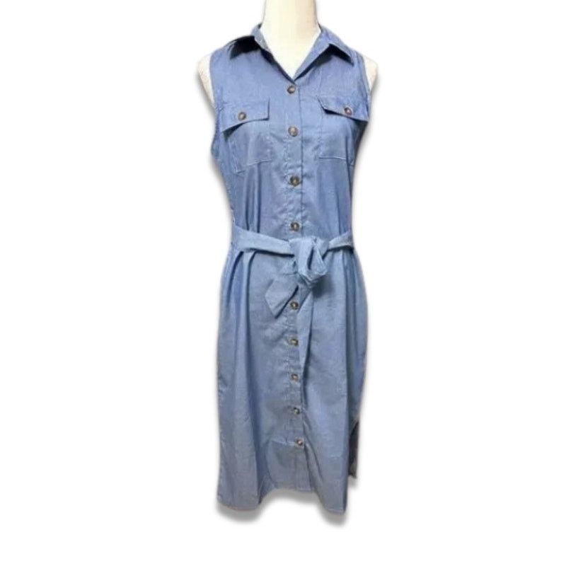 Other NY Collection Chambray Midi Dress Belted Sleeveless Blue MP Size M / US 6-8 / IT 42-44 - 2 Thumbnail