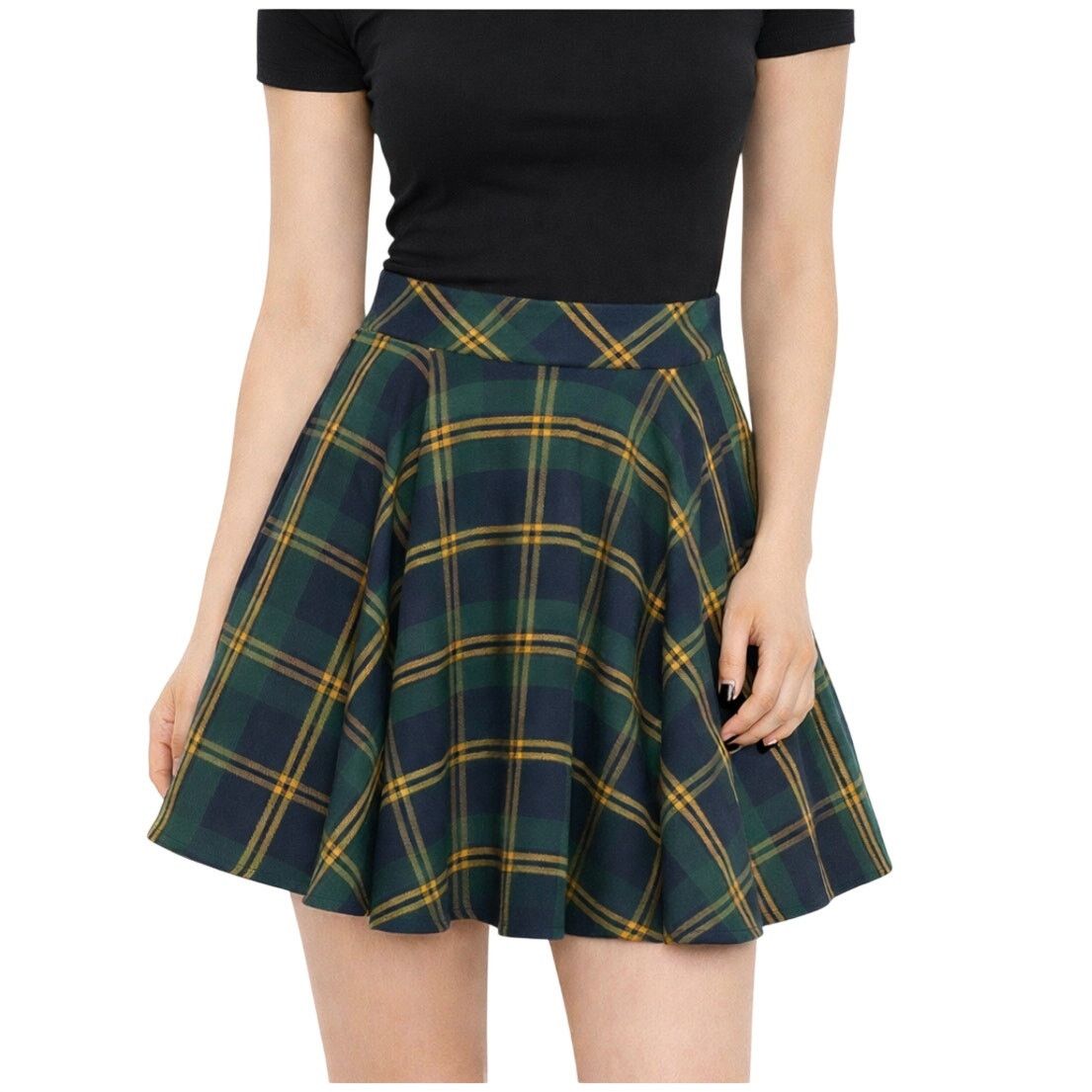 Cider Cider Navy Green & Yellow Plaid Flared Mini Skirt Preppy 30" Size 30" / US 8 / IT 44 - 1 Thumbnail