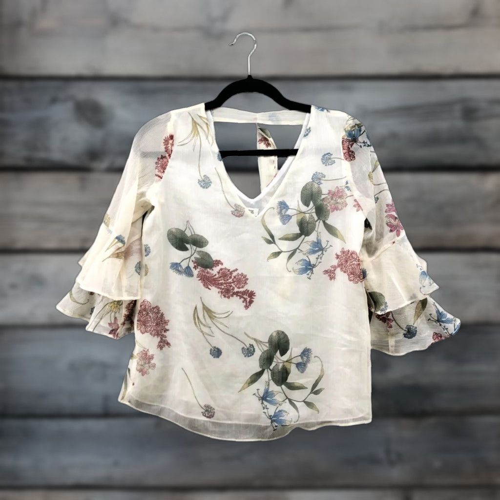 River Island River Island Womens Floral Blouse Size 2 Tiered Ruffle Sleeve Beige V-neck Size XS / US 0-2 / IT 36-38 - 1 Thumbnail
