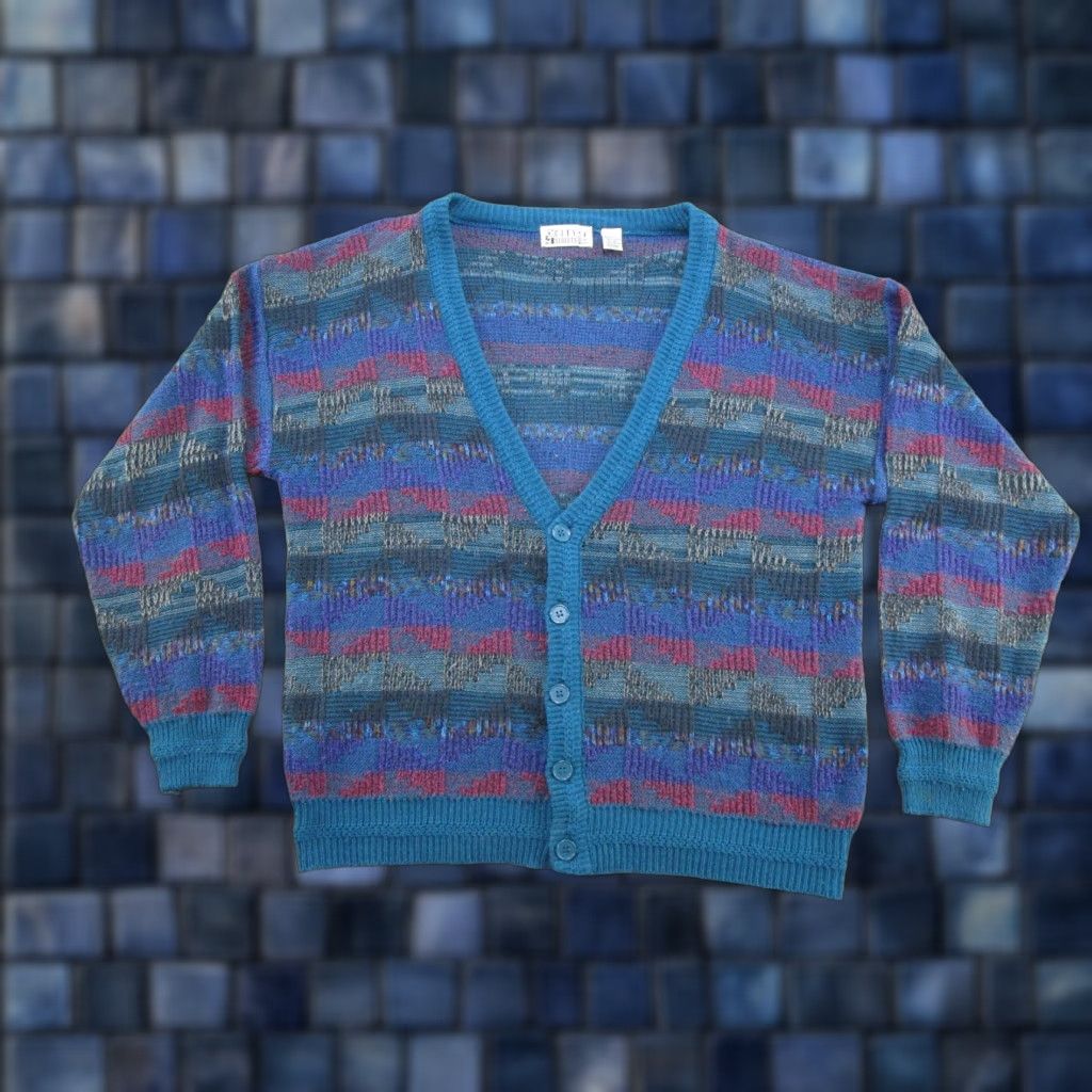Vintage VINTAGE City Streets Sweater Cardigan Mens L 90s Beige Geometric Button V-Neck Knit Knitwear Regular Mens? Size US L / EU 52-54 / 3 - 1 Thumbnail
