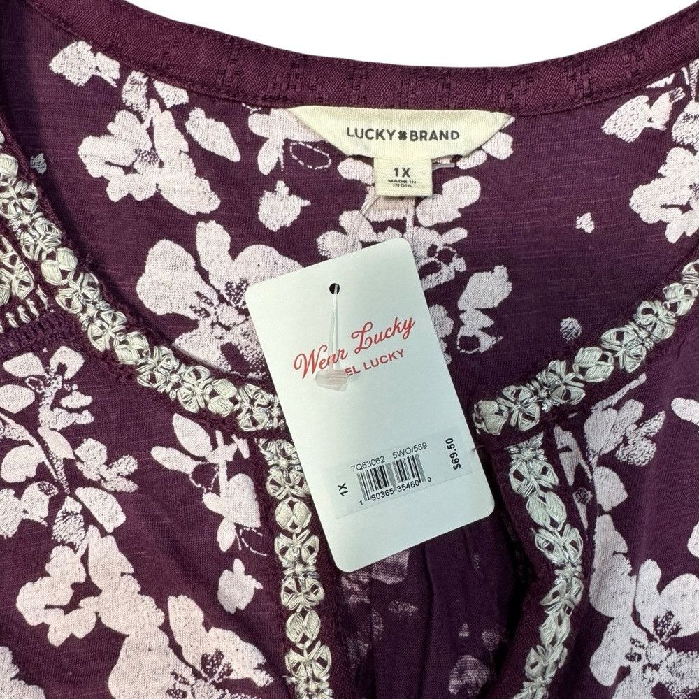 Lucky Brand NWT New $70 Lucky Brand Split Neck Purple Floral Cotton Top Size XL / US 12-14 / IT 48-50 - 7 Thumbnail