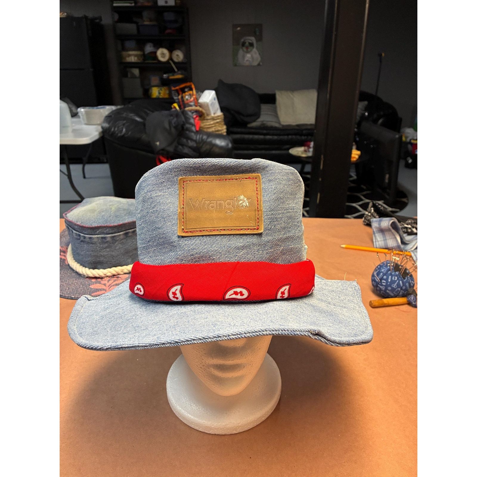 Other The Rodeo — Upcycled Denim Western Hat, Red Bandana Band, Size ONE SIZE - 1 Thumbnail