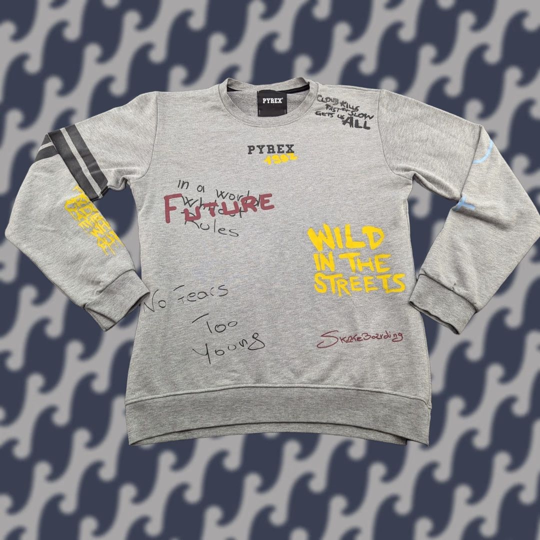 Vintage PYREX MEN Sweatshirt Large Gray Graffiti Skateboard Pullover Cotton Canvas Long Sleeve Athletic Mens Size US L / EU 52-54 / 3 - 1 Thumbnail