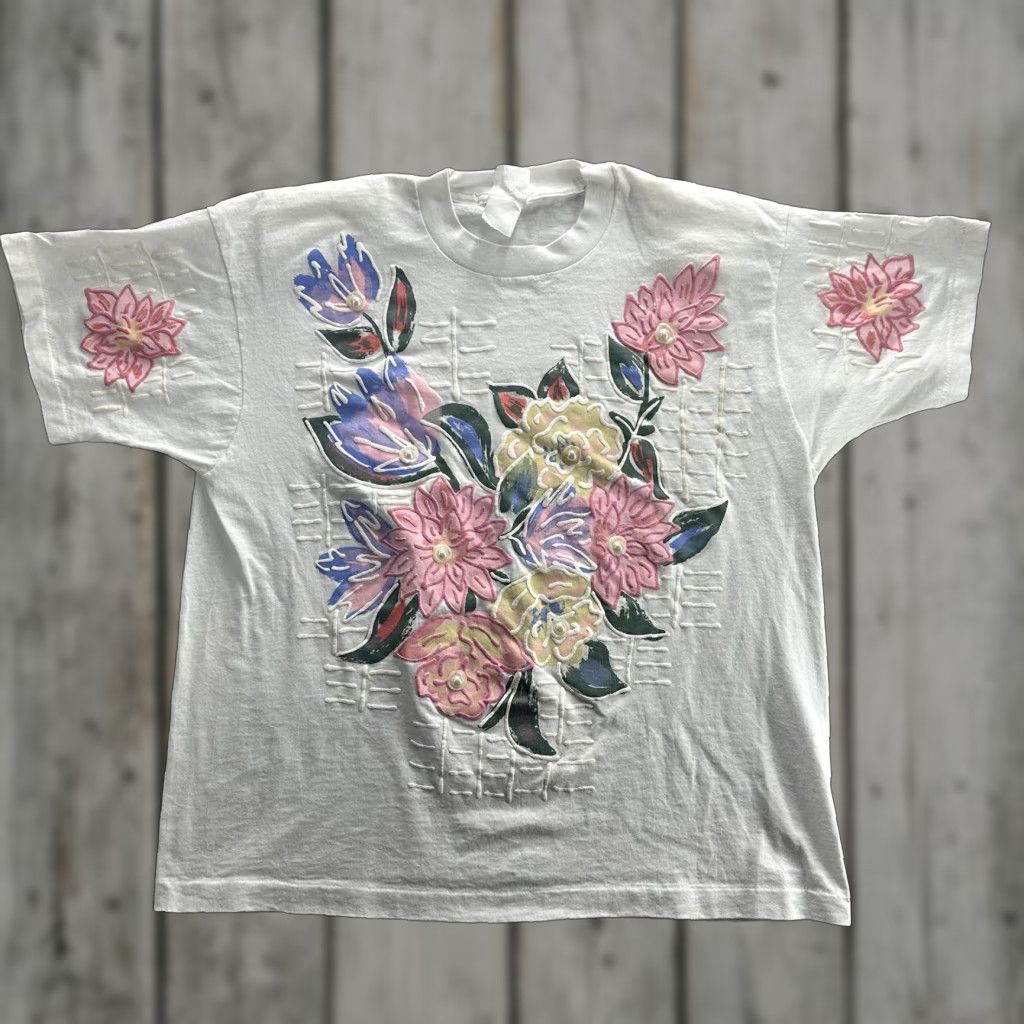 Vintage VINTAGE Brush Works Shirt Womens Large White Floral Hand-Painted 3D Pearl Embellished 90s Size L / US 10 / IT 46 - 1 Thumbnail