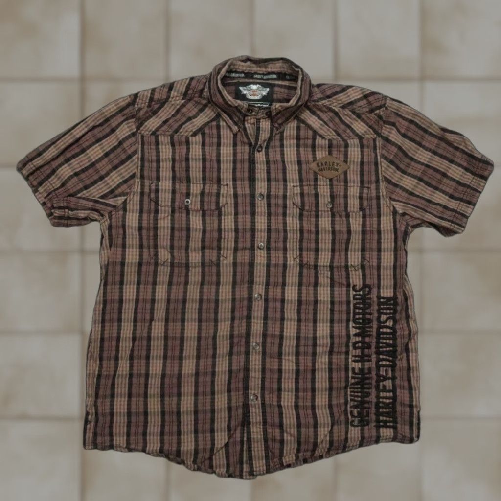 Harley Davidson VINTAGE Harley-Davidson Men's Shirt Short Sleeve Plaid Casual Travel Brown Cotton Large Size US L / EU 52-54 / 3 - 1 Thumbnail