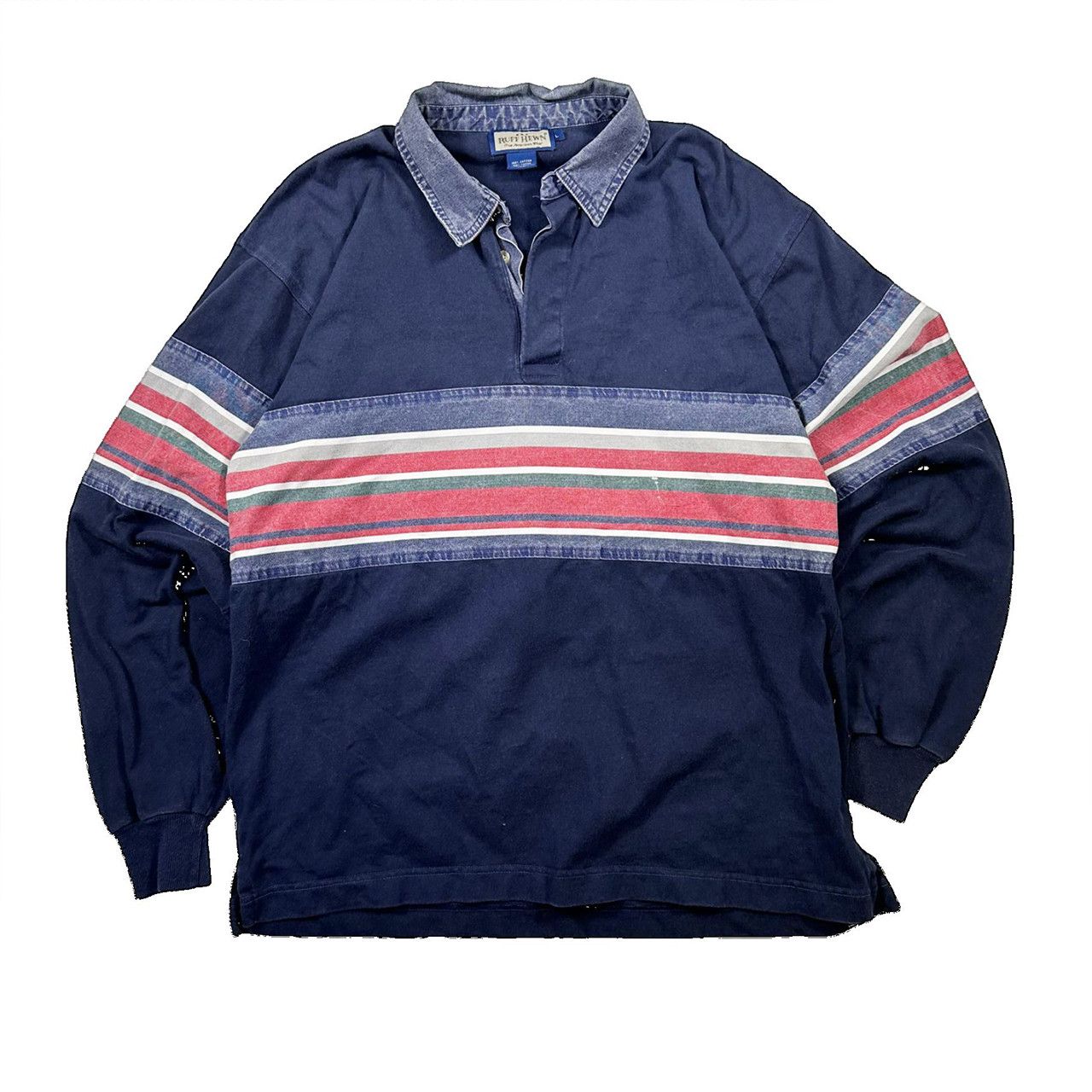 Vintage Vintage 90s Denim Striped Collared Long Sleeve Polo Shirt Size US L / EU 52-54 / 3 - 1 Thumbnail