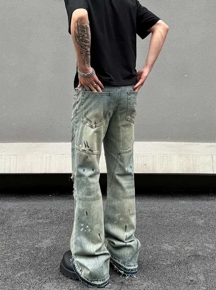 Paint Splatter Distressed Stacked Denim Jeans
