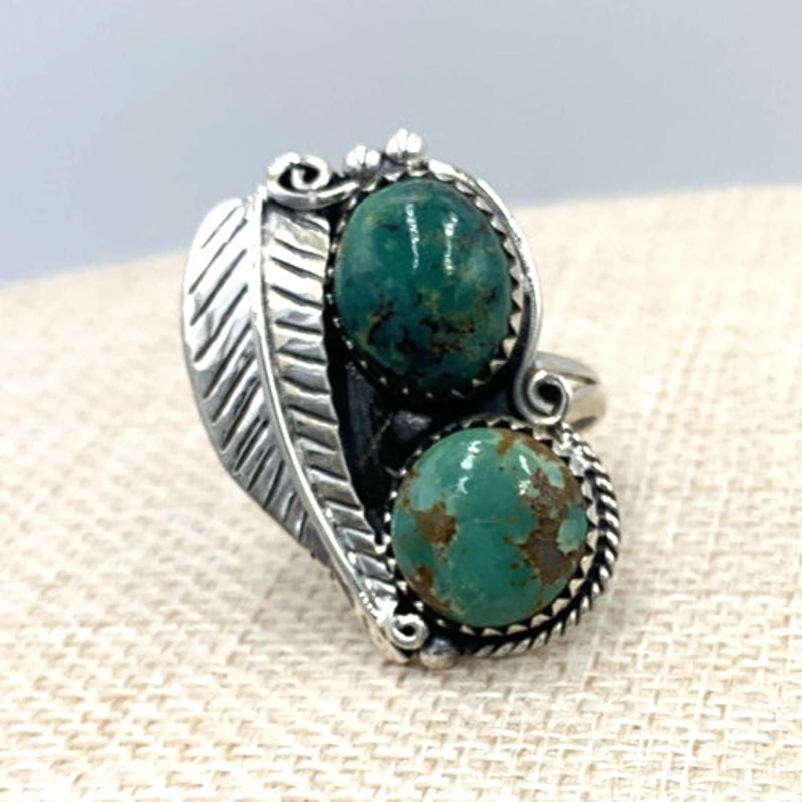 Other NOS Native Navajo Sterling Silver Double Turquoise Ring Size ONE SIZE - 1 Thumbnail