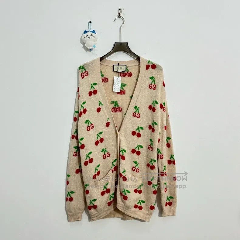 Gucci Cherry Double G Full Printed Gold Buckle Cardigan co