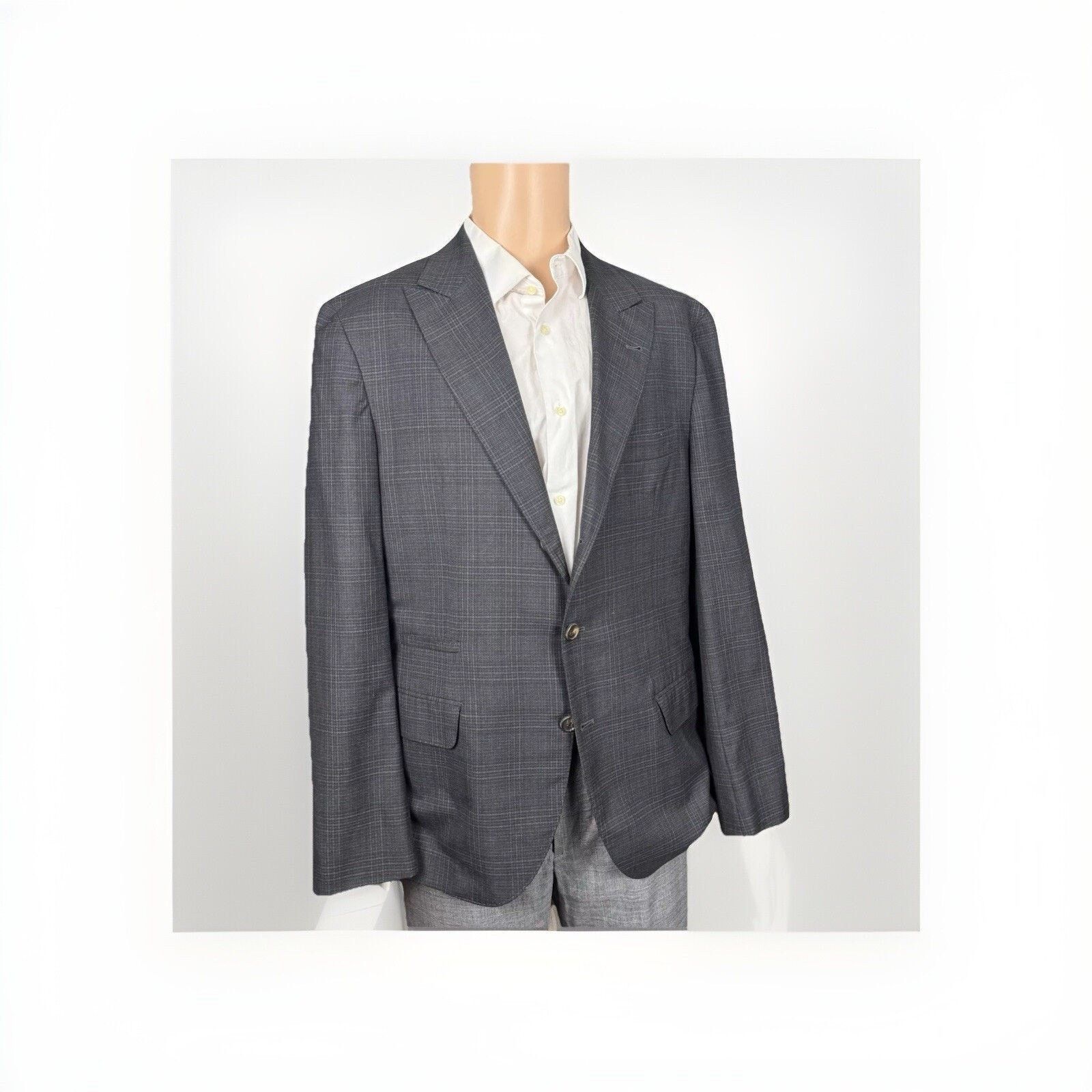 Brunello Cucinelli Charcoal Gray Plaid Peak Lapel 54/44