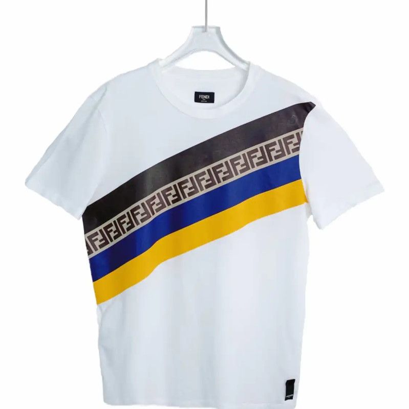 Fendi White Cotton T-Shirt with Colorful Stripe 0089