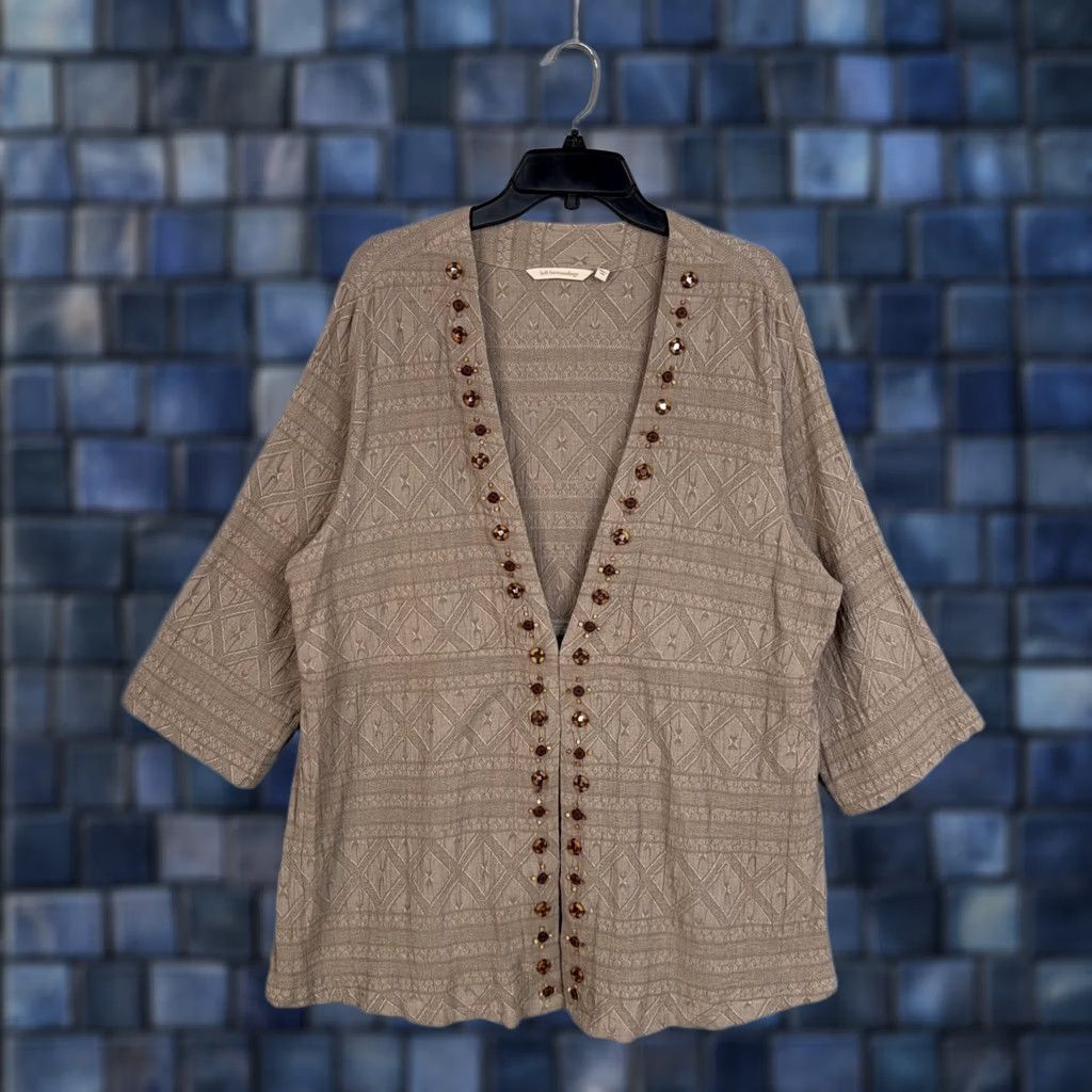 Soft Surroundings Soft Surroundings Cardigan Sweater Womens 1X Beige Jewel Button Geometric Knit V-Neck 3/4 Sleeve Open Front Casual Fall Winter Spring Womens Plus Size Size XL / US 12-14 / IT 48-50 - 1 Thumbnail