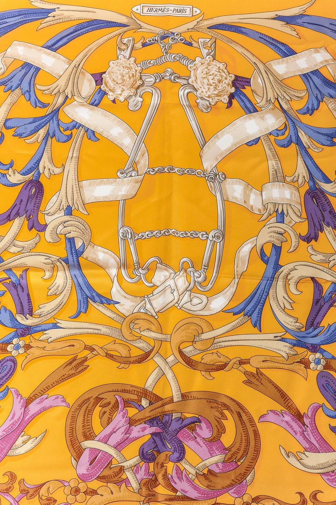 Hermès Le Mors A La Conetable Yellow Silk Scarf