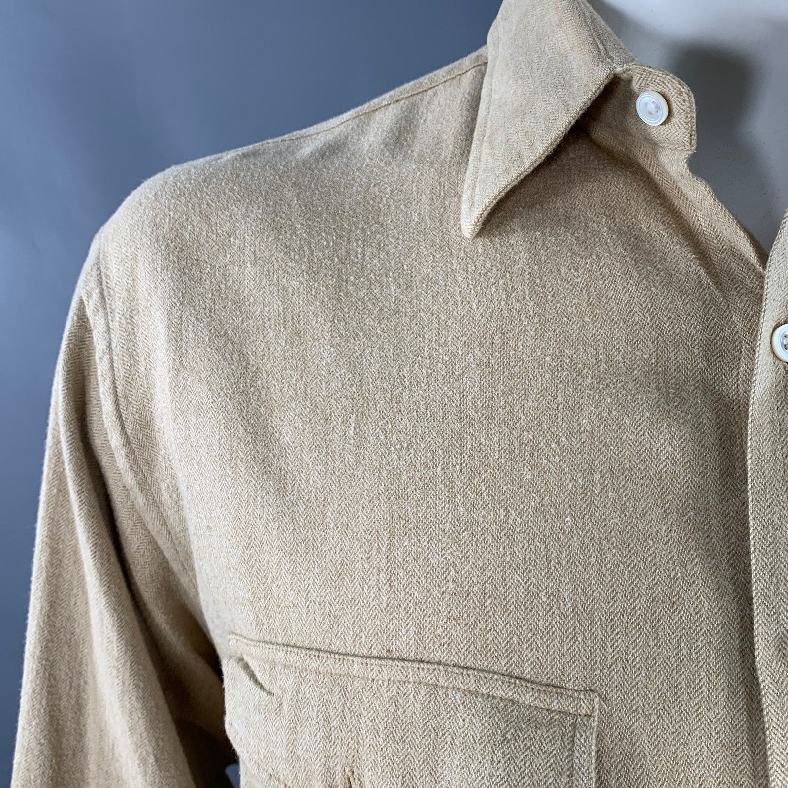 Turnbull & Asser Size XL Beige Herringbone Cotton 2 Pockets Long Sleeve Shirt Size US XL / EU 56 / 4 - 7 Thumbnail