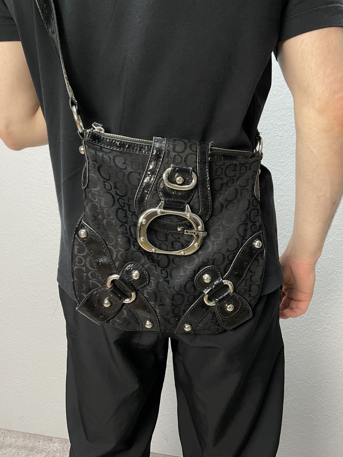 Y2K Vintage Guess Baguette Shoulder Bag Denim in Black, Men's