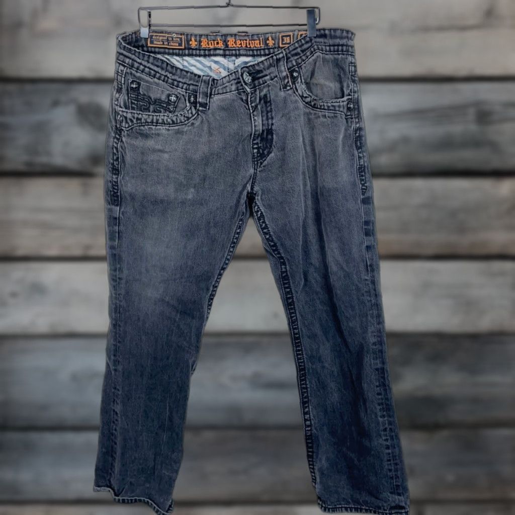 Vintage VINTAGE Rock Revival Jeans Straight Men 38 x 31 Black Denim 5-Pocket Flap Pocket Slim Straight Rise Mid 90s Rock Size US 32 / EU 48 - 1 Thumbnail